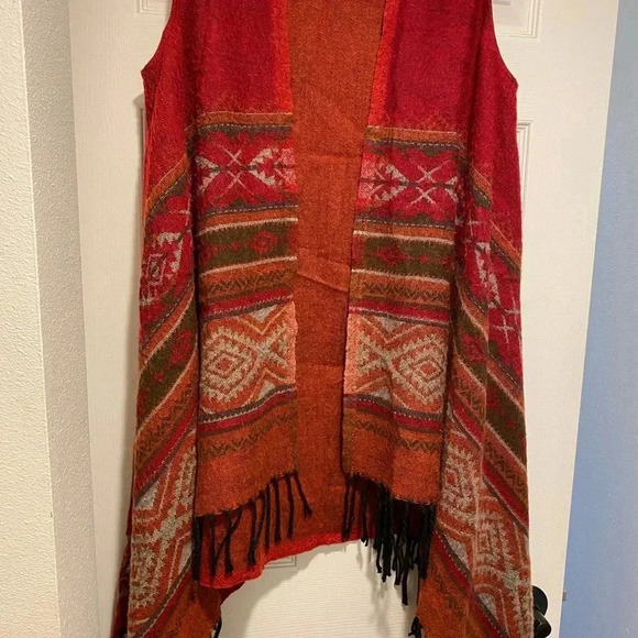 Earthbound Womens Boho Sweater Poncho Vest Wrap Cape High Low Aztec Fringe acryl - Picture 3 of 14